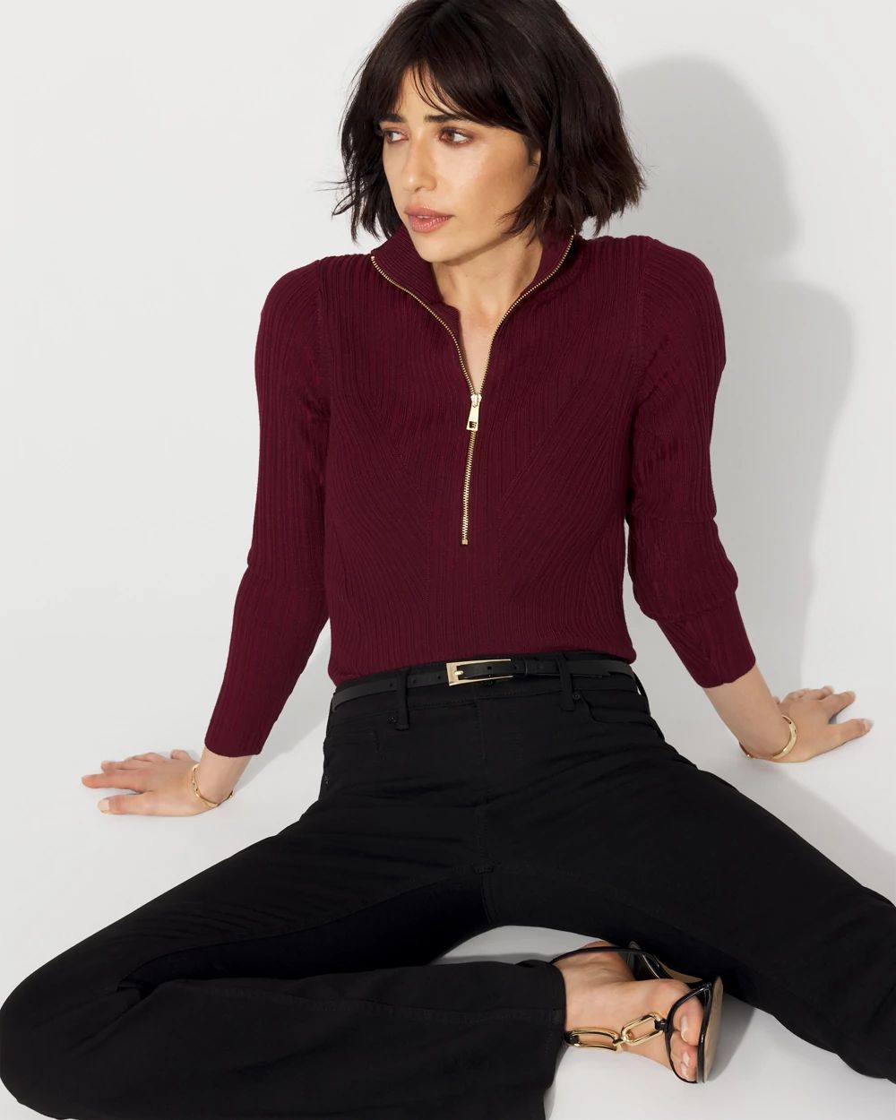 Rib Knit Half-Zip Mock Neck Sweater | White House Black Market